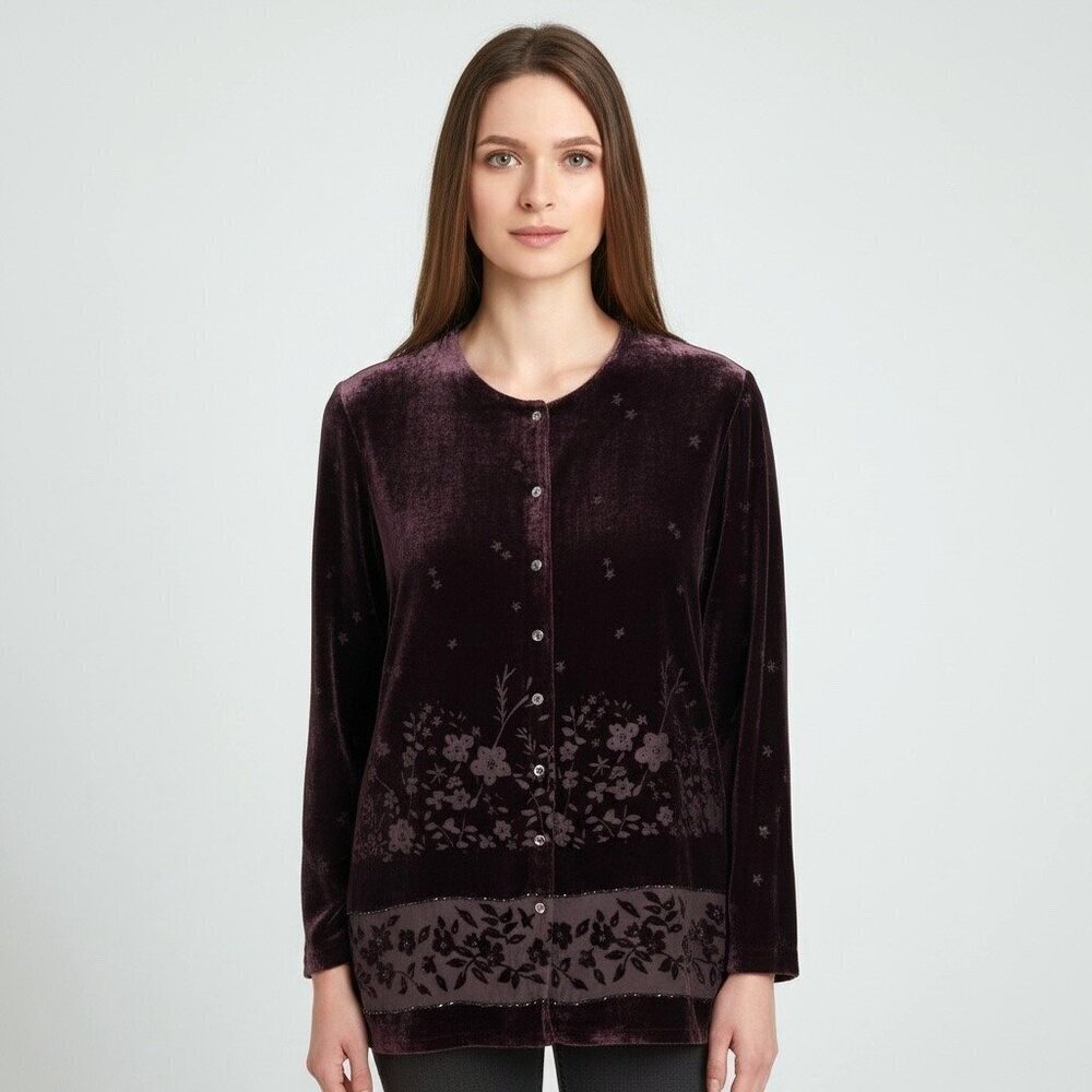Vintage Saks Fifth Avenue Purple Burnout Velvet Beaded Jacket Top Size Medium